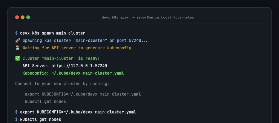 devx k8s spawn — Zero-Config Local Kubernetes